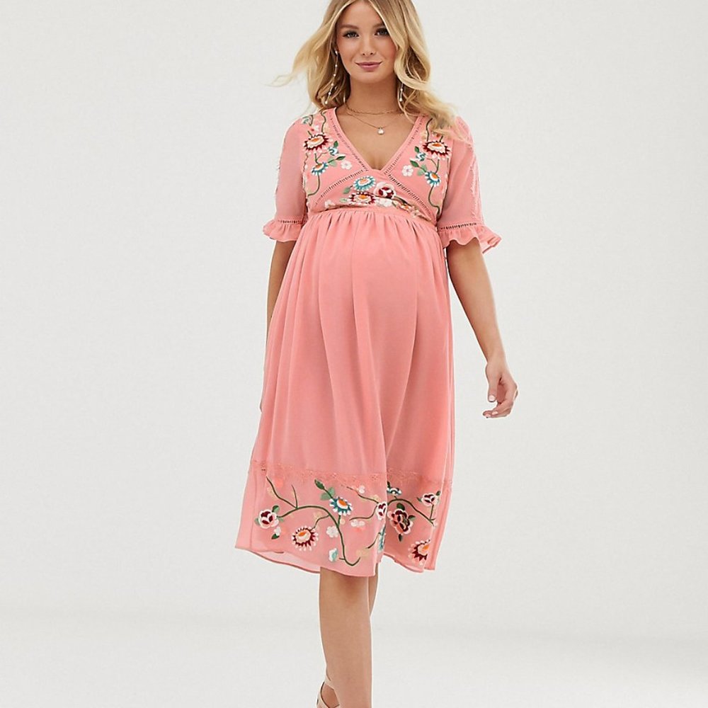 ASOS Maternity Pink Embroidered Midi Dress